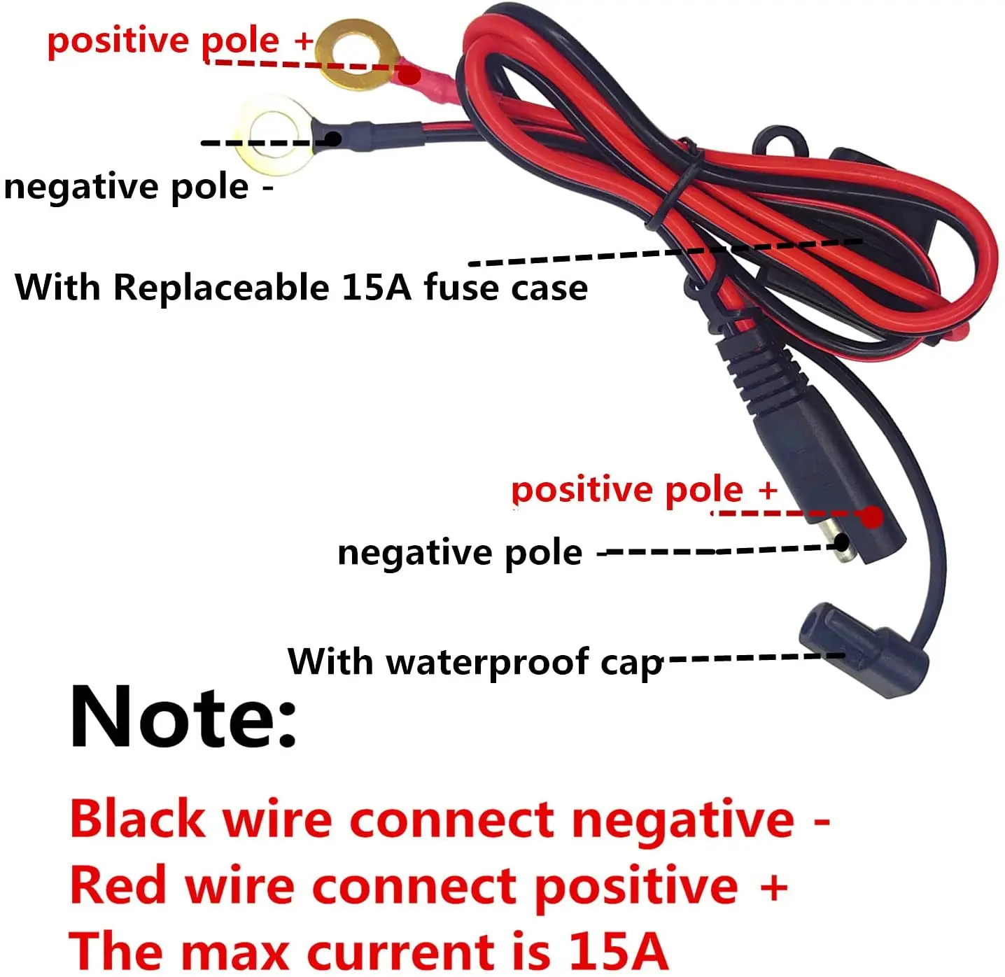 Ring Terminal Eyelet SAE Battery Extension Cable with 2FT 16AWG 10A Protection Fuse SAE Connector for Motorcycle Cars
