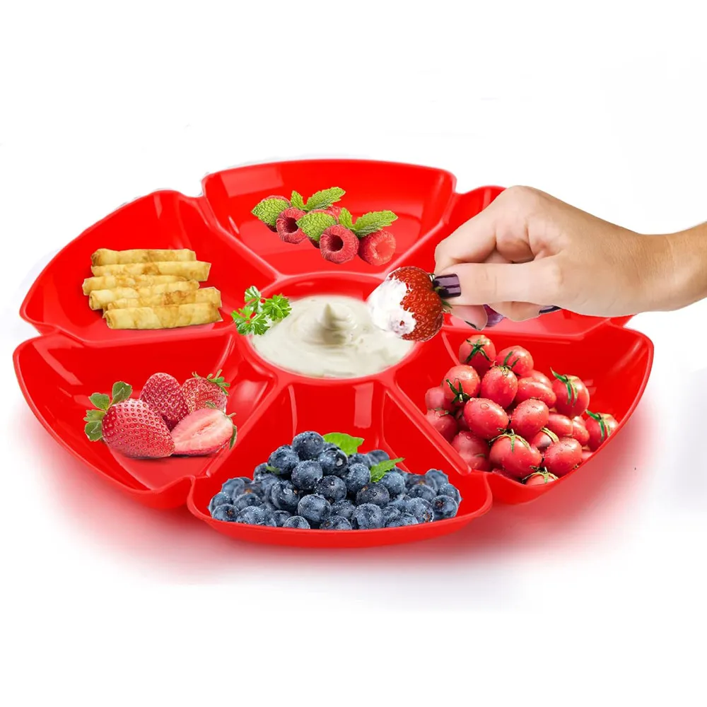 6 Pcs Plastic Divided Serving Trays with  Compartments Round Appetizer Tray Snacks Serving Dish Food Serving Dip Platter