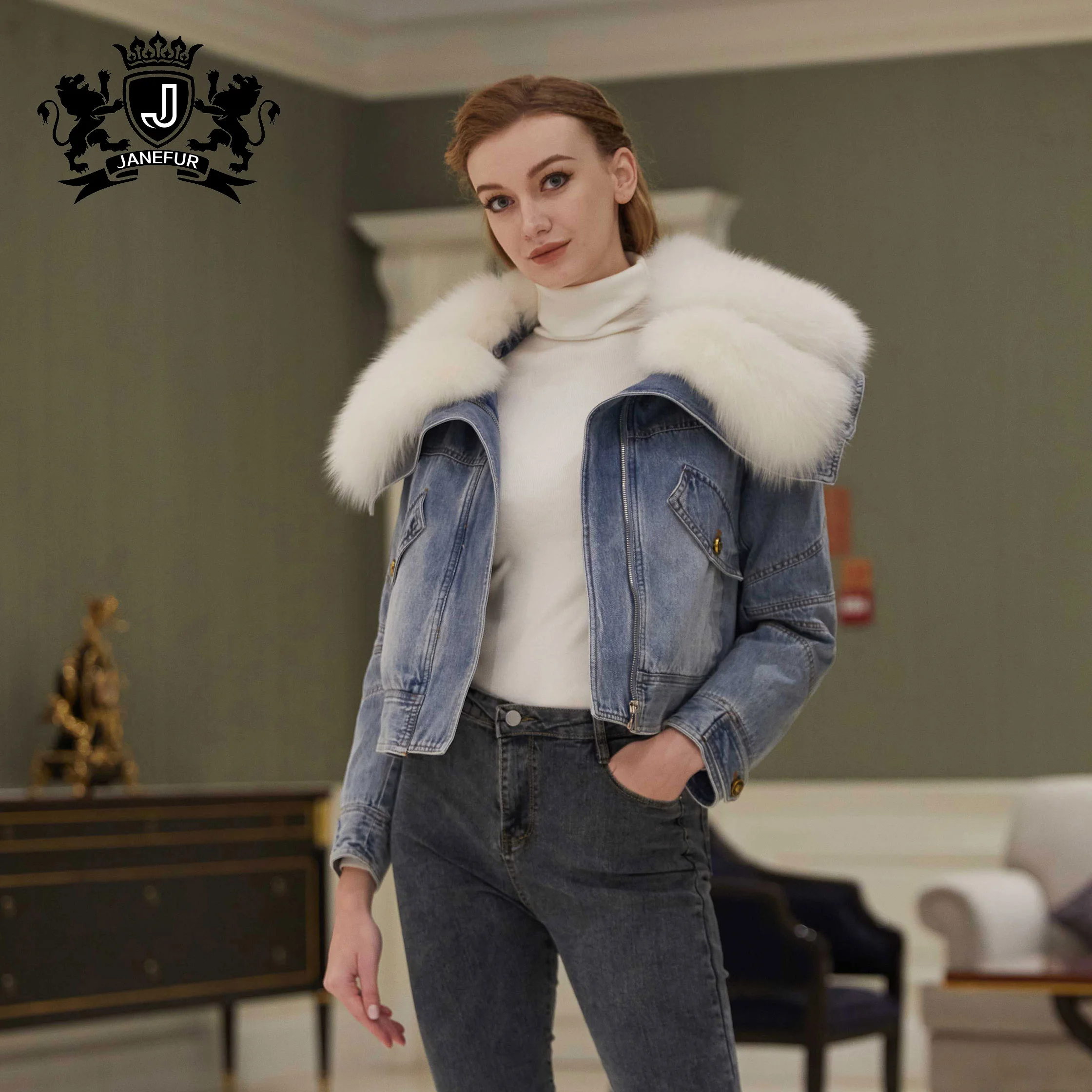 Janefur Winter Warm Loose Down Jacket Womens Large Fox Fur Collar Denim Down Jacket for Women
