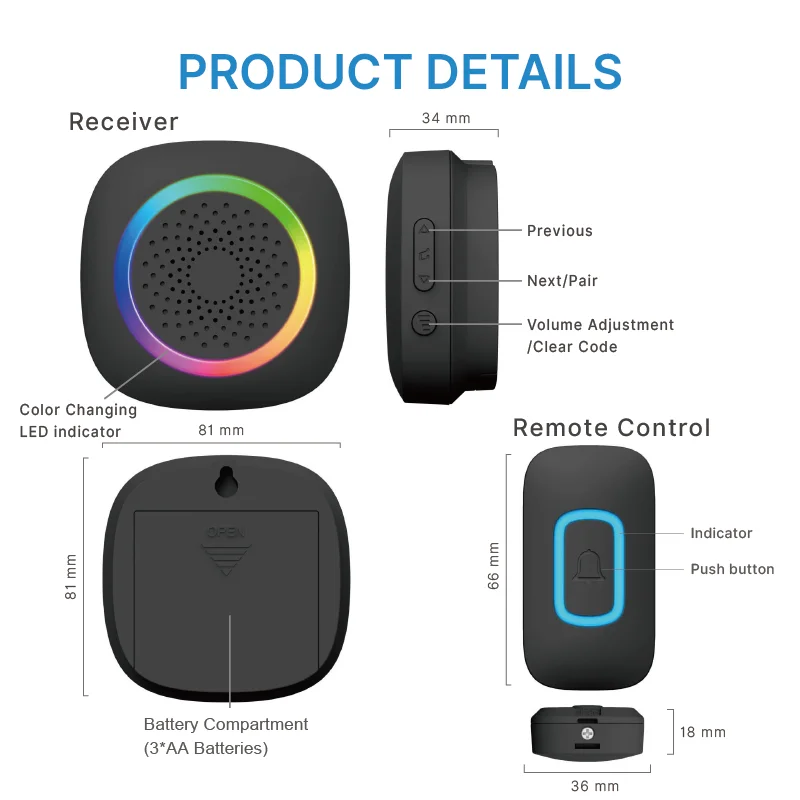 Wireless Doorbell with 60 Ringtone Chime RGB LED 300M Range Waterproof Outdoor Door Bell Cordless Timbre Call Battery Doorbell
