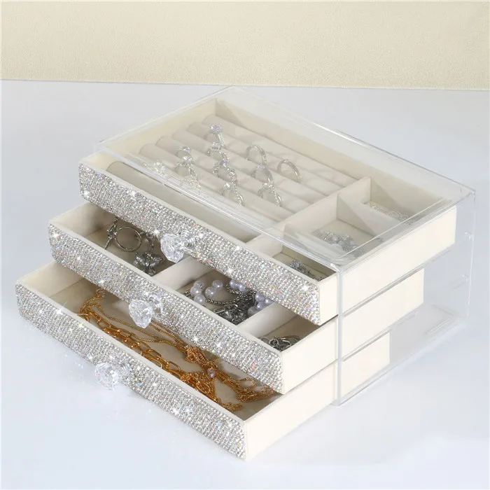 Luxury Crystal Rhinestone Diamond Inlaid Three-layer Jewelers Ring Earring Necklace Jewelry Pearl Makeup Drawer Storage Case Box