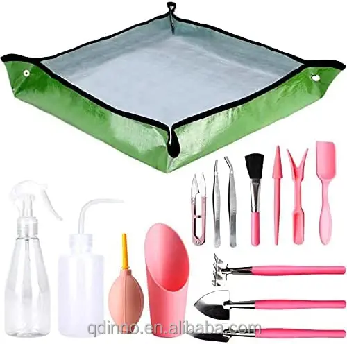 15 pcs Succulent Plant Tools Kit with Plant Potting Tarp Mat, Mini Garden Hand Tools Set, Succulent Transplanting Tool,Pink