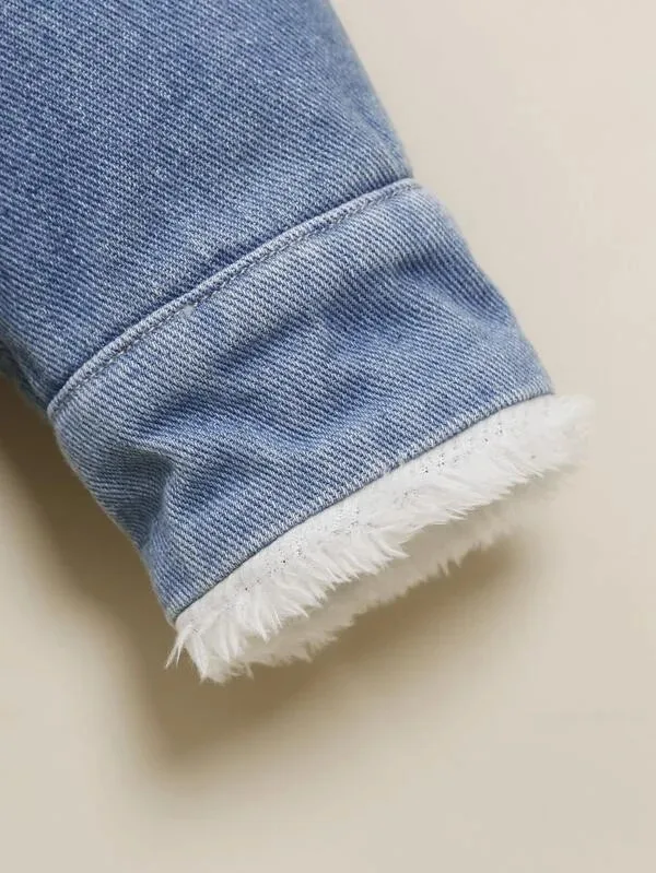 Best Selling High Quality Toddler Girls Borg Collar Teddy Lined Denim Jacket Autumn Winter Outwear Clothes