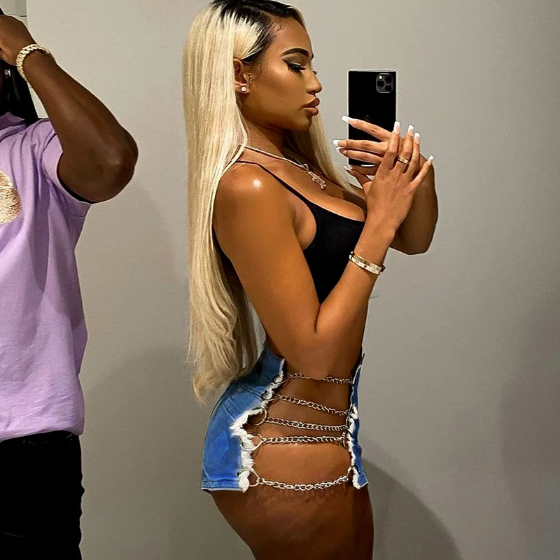 Hot Sale Newest sexy personalized corn-chain hollow out jean shorts for women 2022