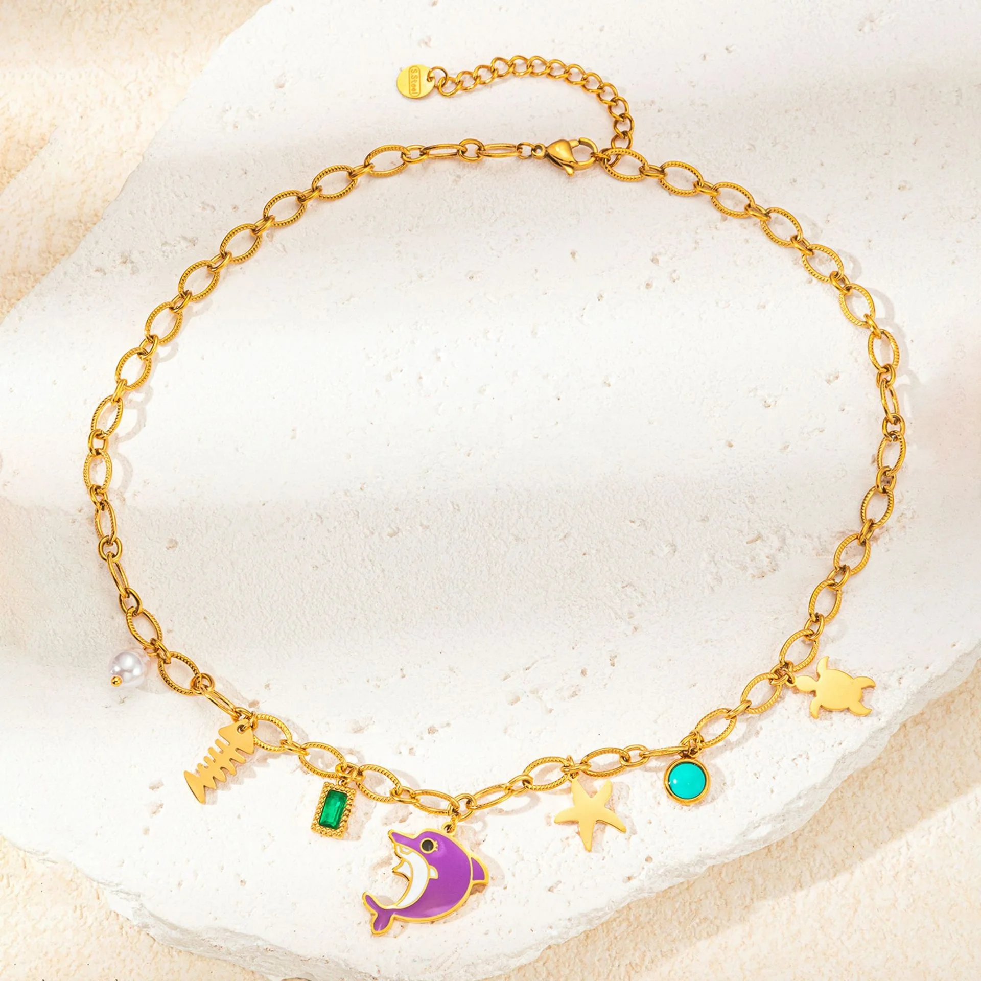 INS Summer Beach Jewelry Stainless Steel Ocean Star/Dolphin/Freshwater Pearl/Sea Turtle Pendant Clavicle Chain Necklace
