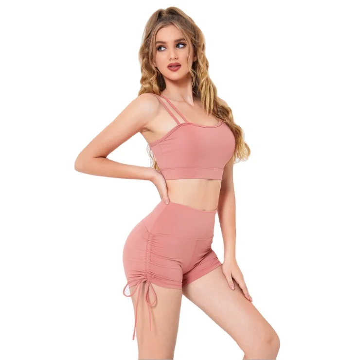 Комплект для йоги, сексуальный женский спортивный комплект для фитнеса большого размера с боковыми оборками на шнурке, в наличии, женская повседневная одежда для девушек и женщин выше колена
