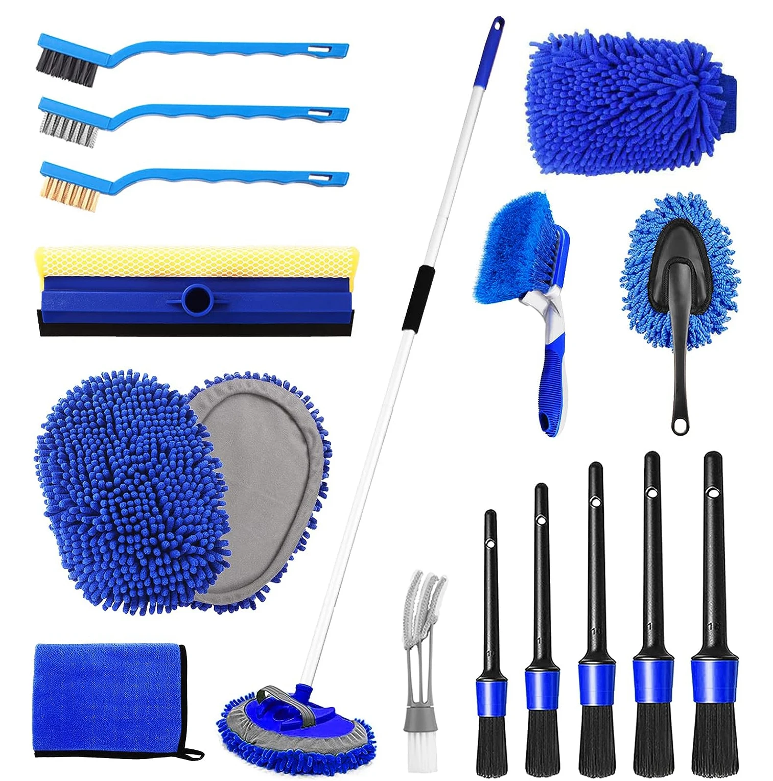 62' Car Wash Brush Kit with Long Handle Mitt Mop Sponge Chenille Replacement Head Car Wheel Tire Brush and Detailing Brushes