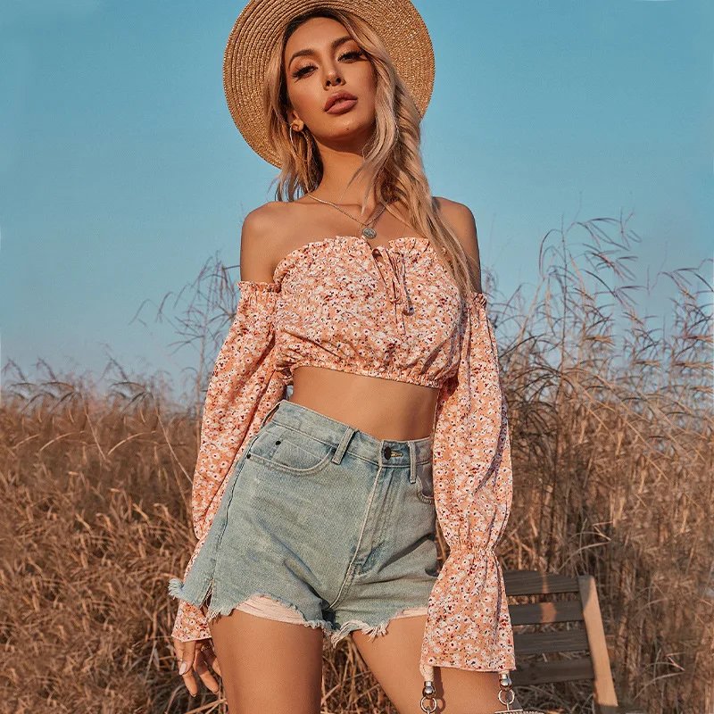 
2021 new hot sale sexy floral long sleeve women tube crop top blouses summer 