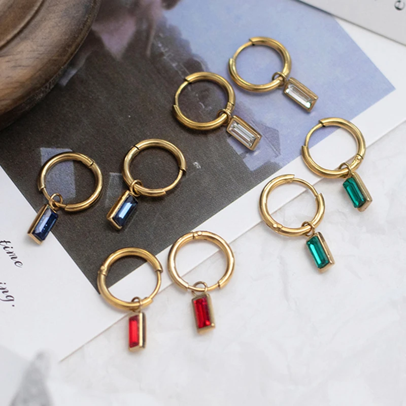 MICCI Wholesale  PVD 14K Gold Plated Stainless Steel Jewelry Emerald Crystal Cubic Zirconia Zircon Gemstone Drop Hoops Earrings