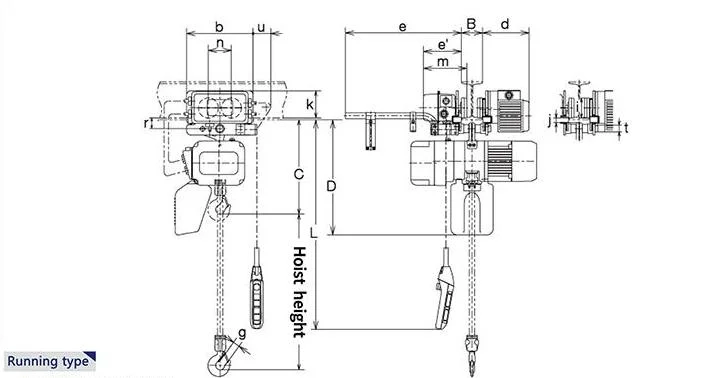 KDH high quality 2 ton single speed 3kw traveling type electric chain hoist with trolley