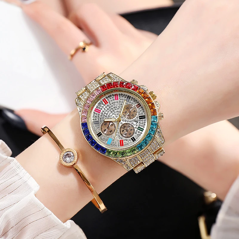Hip Hop Fashion Multi-function Wrist Watches Colorful Rainbow Stone Fashionable Unisex Quartz Watch Diamond Watches(WA020)