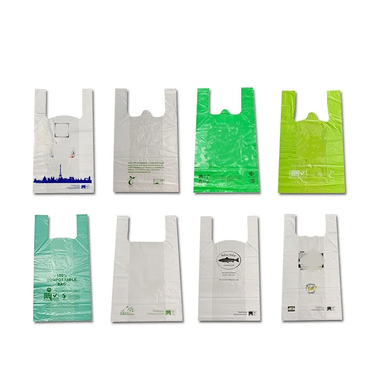 OEM PE PVC recyclable PLA PBAT corn starch biodegradable plastic vest carry bag grocery t-shirt shopping bags