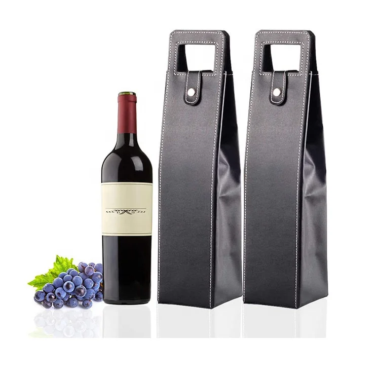 reusable luxury single bottle pu leather wine bottle bag custom leather wine pouch carrier tote bag