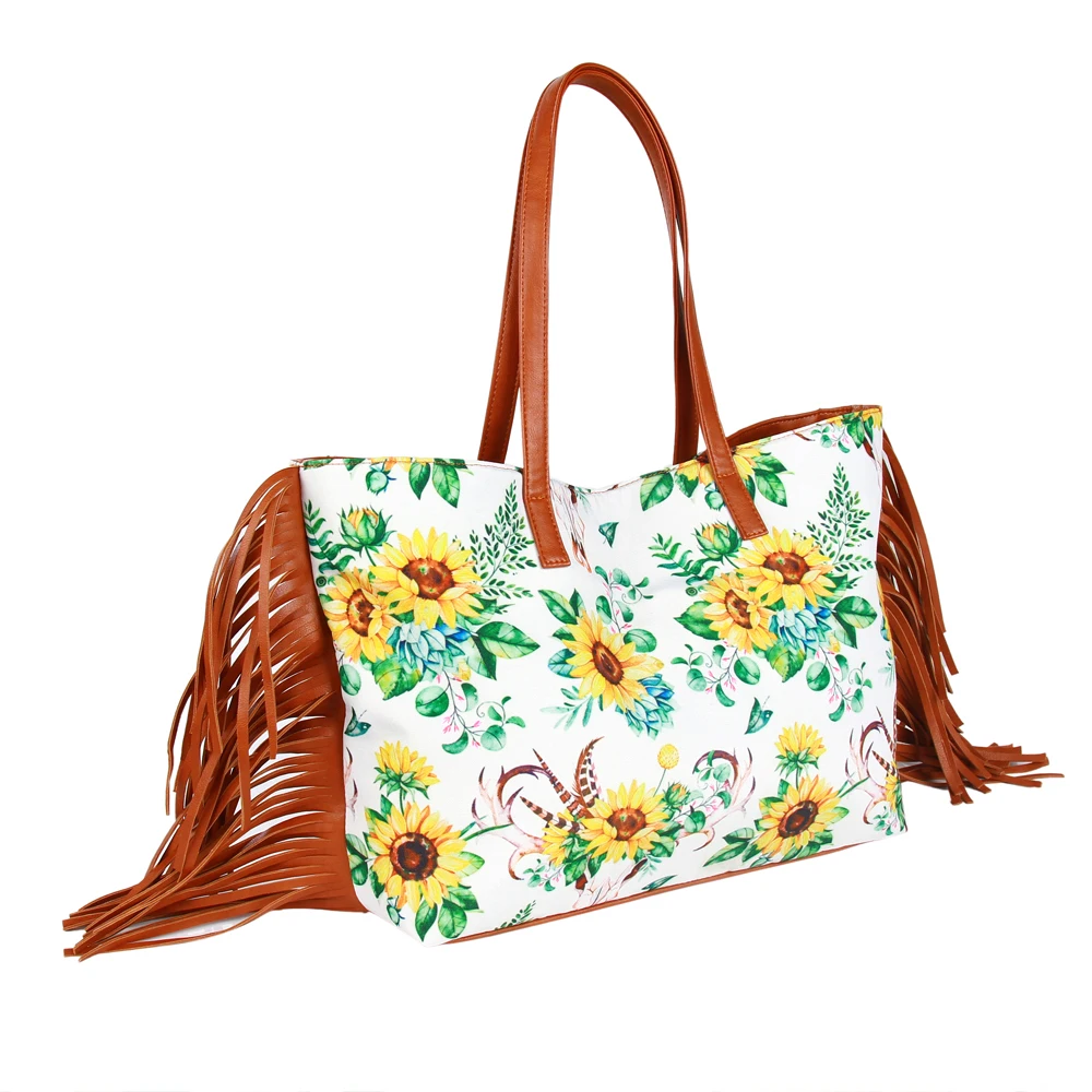 Wholesale luxury designer Hot sale sunflower printing PU women handbags high quality fringe purse wholesale with wristlet
