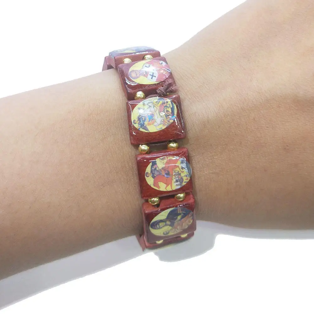 Religious Jewelry Gold Bead Square Wood Chip Icon Beaded Bracelet