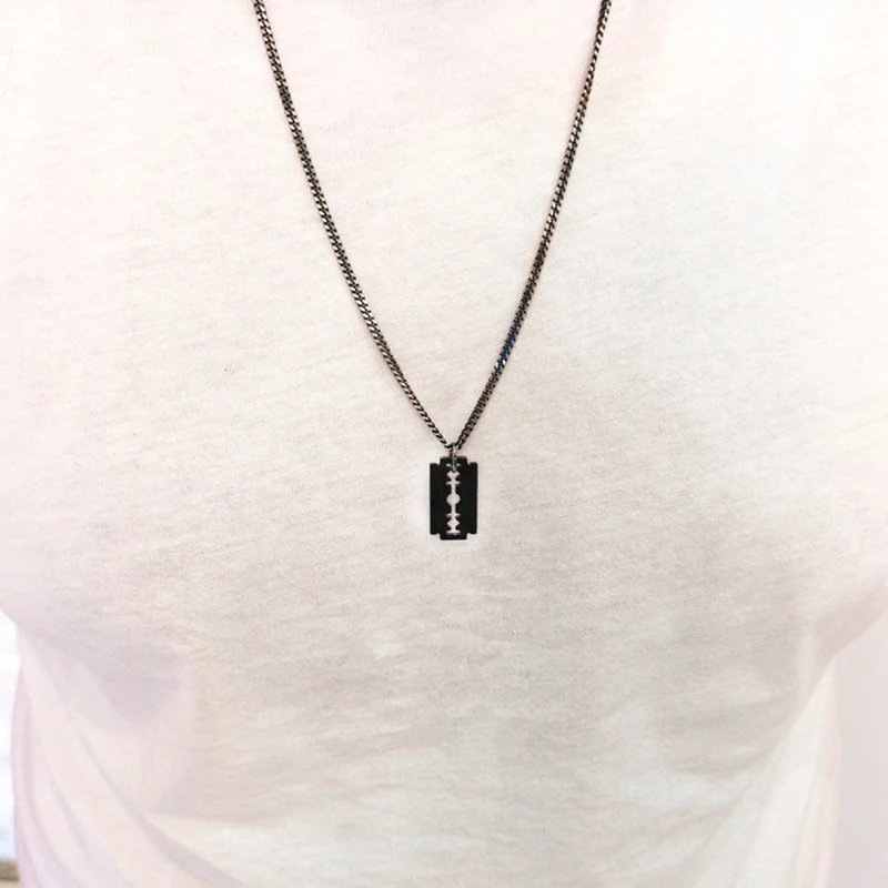 Stainless Steel Chain Black Plated Razor Blade  Charm Necklace For Men