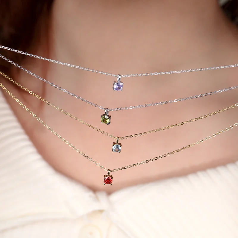 925 Sterling Silver 12 Colors Summer Fine Jewelry Personalized Zircon Birthstone Pendant Necklace Women