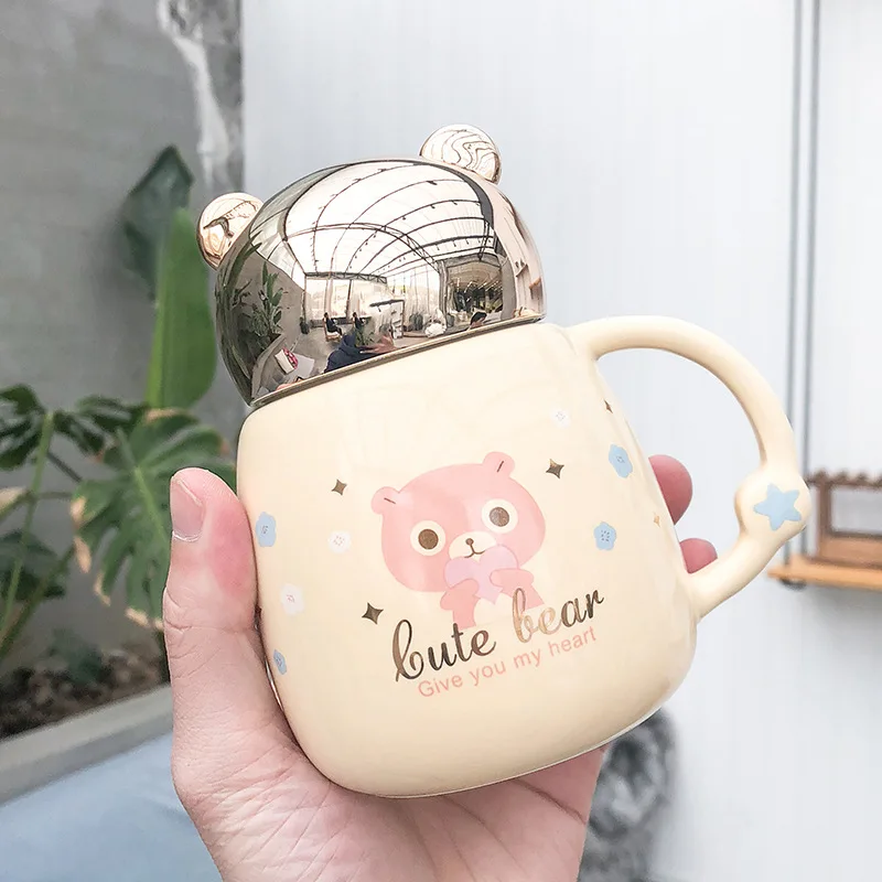 2021 explosions bear twist cover ceramic cup gold mirror pot-bellied creative mug creative cup with lid and spoon