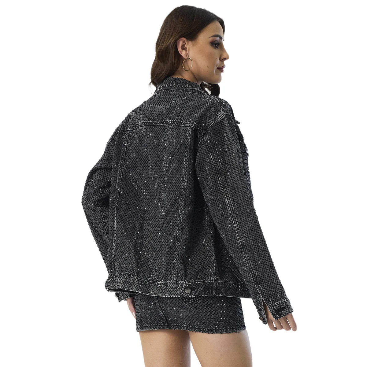 Customized Rhinestone Black Denim Jacket for Ladies Mini Skirts Fashion Design Denim Set Women Two Piece Outfits
