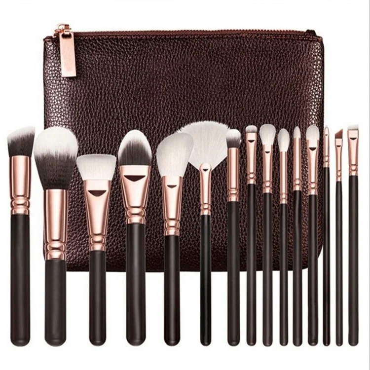 
Professional Wood Handle Natural Hair 15pcs Makeup Brush Set with Luxury Cosmetic PU Bag 