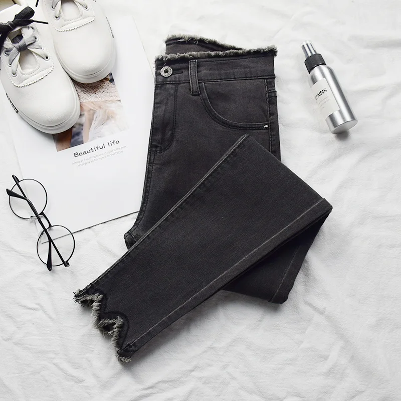 High Quality Blue Black Gray Denim Ladies Knitted Washed High Waist Ladies Elastic Pencil Jeans