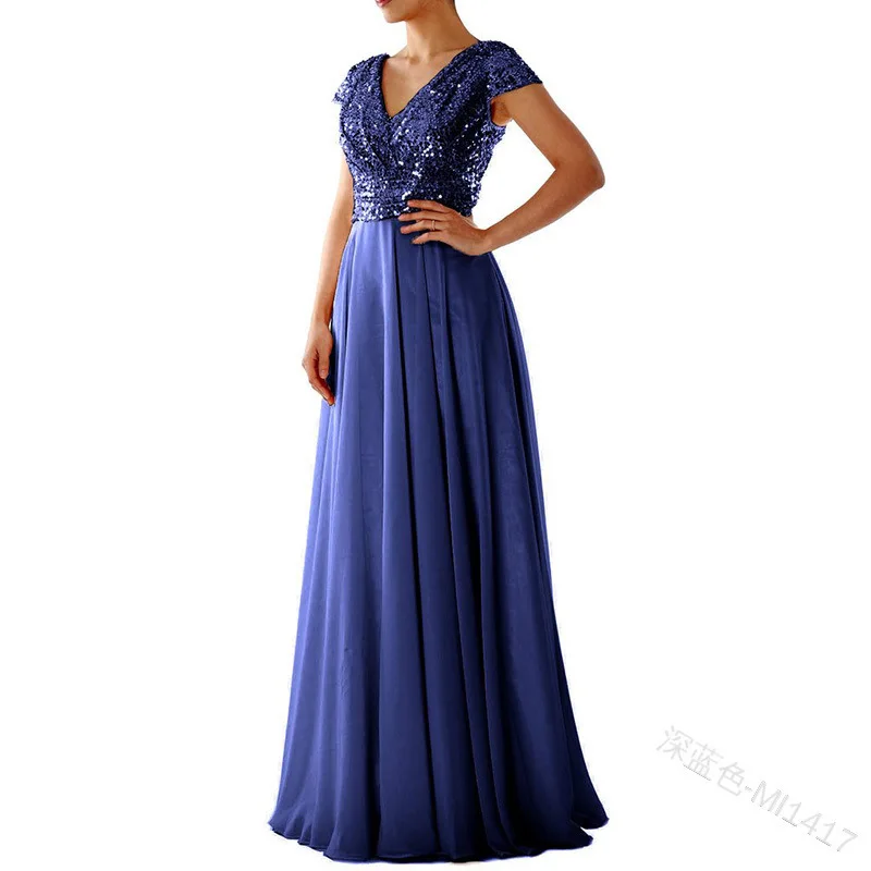 V-neck Sequin Chiffon Stitching Bridesmaid Modest Wedding Dress