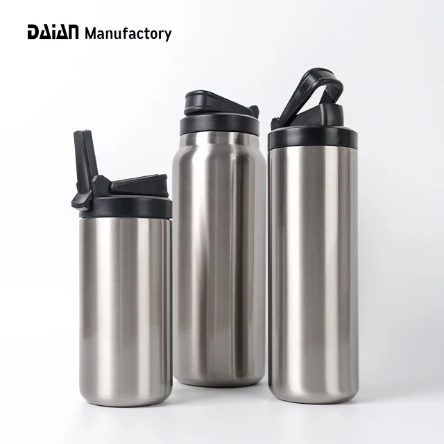 20oz 32oz Luxury Double Wall Wide Mouth Stainless Steel Water Bottle with Straw Sports Vacuum Flask with Foldable Straw Lid