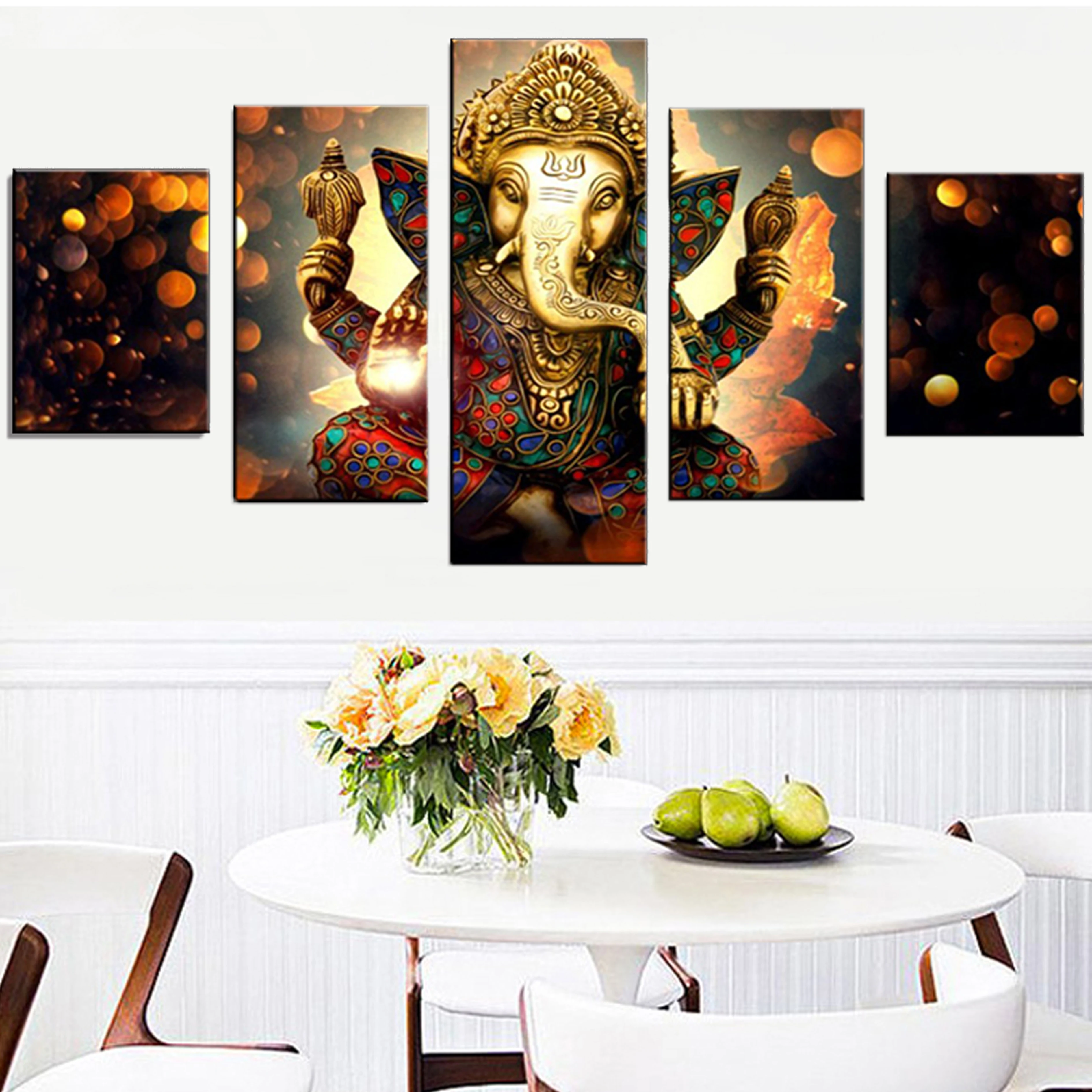 5 panel 3D Hindu Ganesh painting canvas wall art acrylic spray prints Elephant god picture factory custom artwork