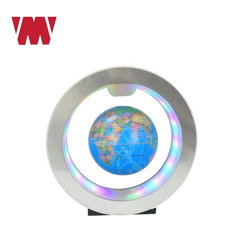
High quality desktop decoration D.10.6cm magnet floating world globe plastic political map ball round LED circle shape base 