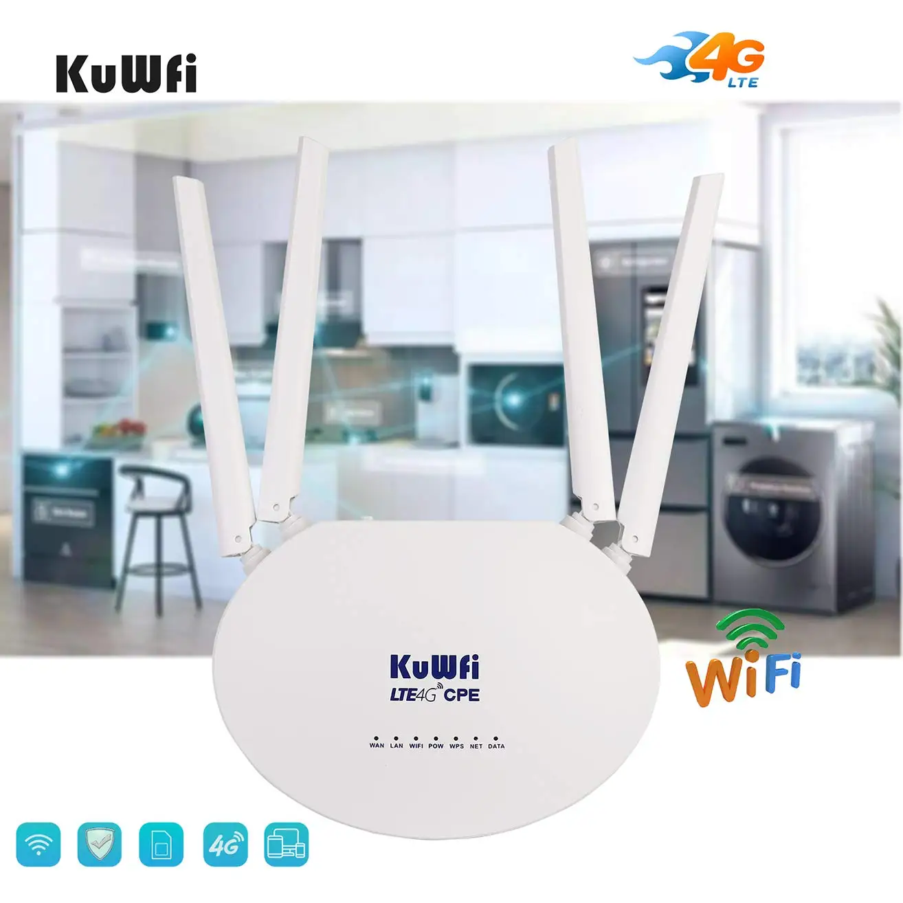 KuWfi 150Mbps CAT4 Wireless 3G 4G LTE Router Unlock Global  SIM Card 32Users 4G wifi Router With 4PCS External Antennas