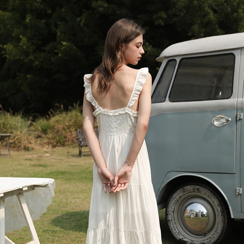 Ruffled Detail White Midi Dress Summer Vacation Style Casual Tiered Dress Custom