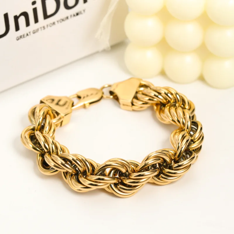 Hip Hop Custom Logo Bijoux Homme 16mm Twist Heavy Chunky Big Gold Plated Rope Chain Stainless Steel Jewelry Men Bracelet