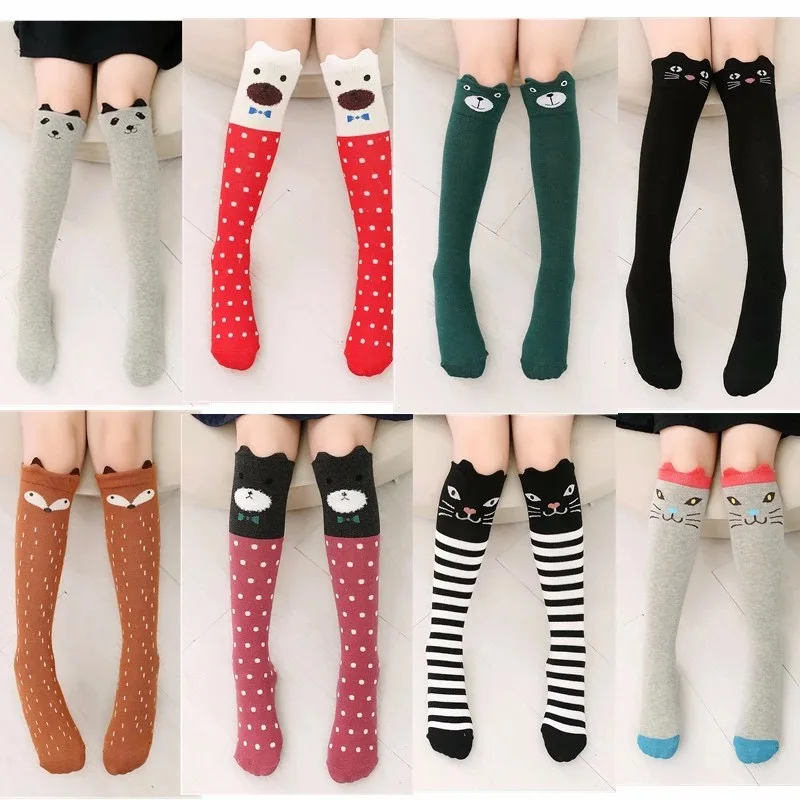 
wholesale Little Girls Long dress warm fancy Socks Kids Cartoon black cat grey fox Knee High Warm Cotton Stockings 