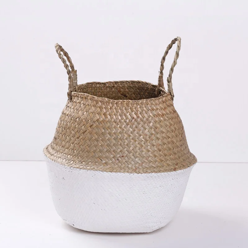 
Woven Boho Seagrass Belly Rattan Baskets with Handles for Storage Laundry Planter basket Pot for home decor 