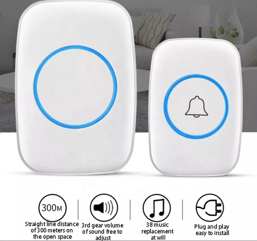 Home Security Welcome Wireless Doorbell Smart Chimes Door Bell Alarm LED Light 32 Songs With Waterproof Touch Button Door Bell