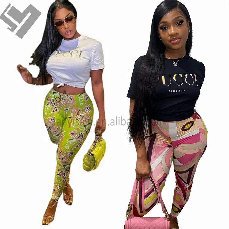 Women luxury clothing 2023 design printing slim fits short sleeve pants trousers two piece set summer leisure 2 piece pants set