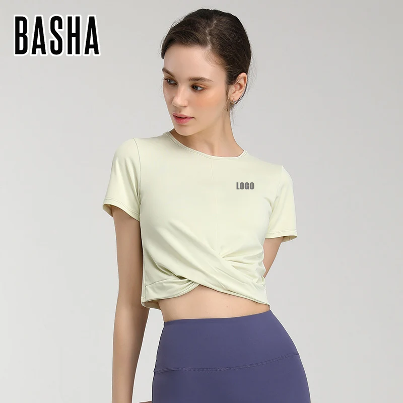 Bashasports  Nude Yoga Clothes Sports Running Quick Drying Short sleeved T-shirts Elastic Outskirts Fitness Clothes for Women