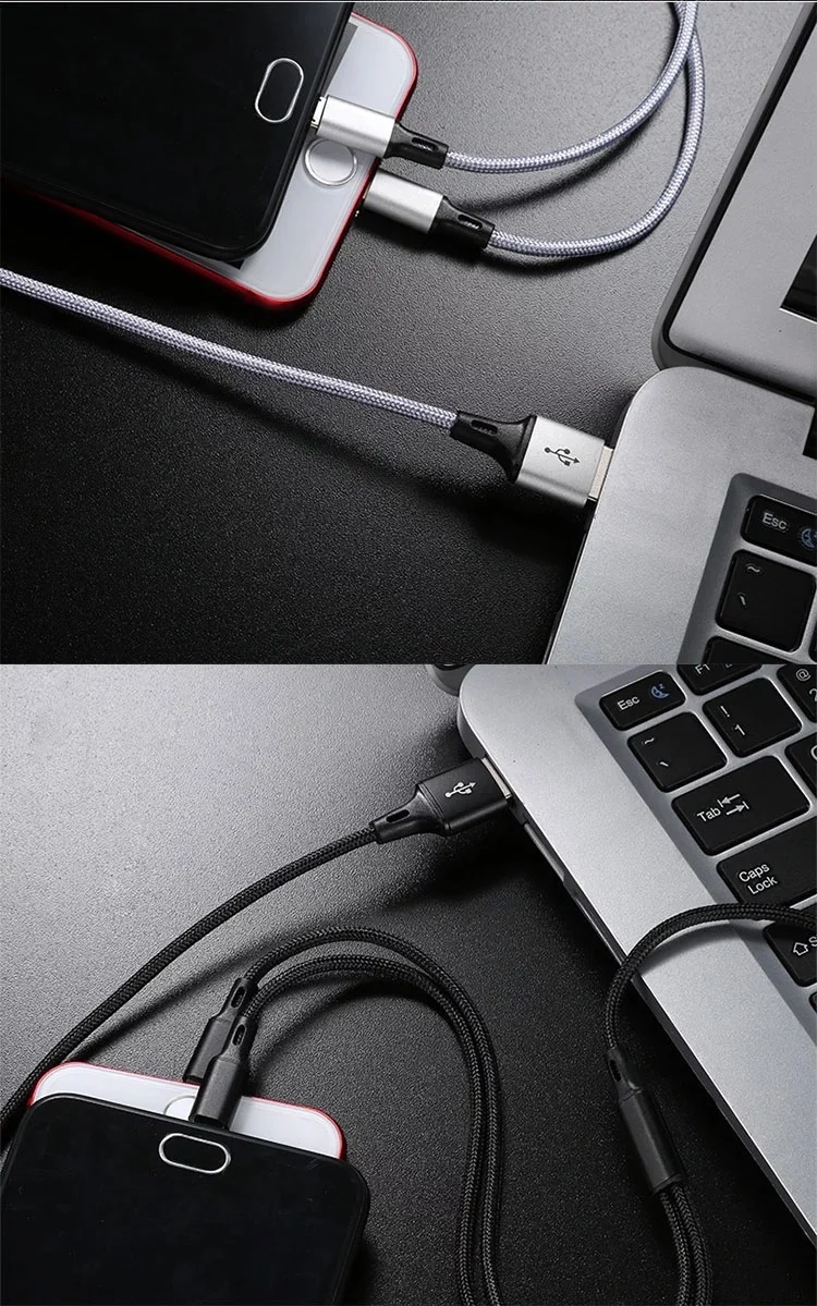 Hot sell nylon braided 1.2m 3 in 1 usb 3.0 charger cable micro usb 8pin type C fast charging data cable for mobile phone