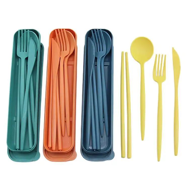 Outdoor Travel Portable Tableware 4-Piece Wheat Straw Knife, Fork, Spoon And Chopsticks
