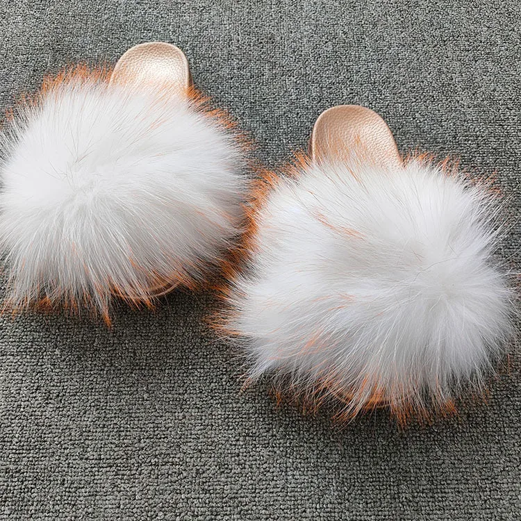 Top Sale Girls White Raccoon Furry Slides Full Fox Fur Outside Slippers