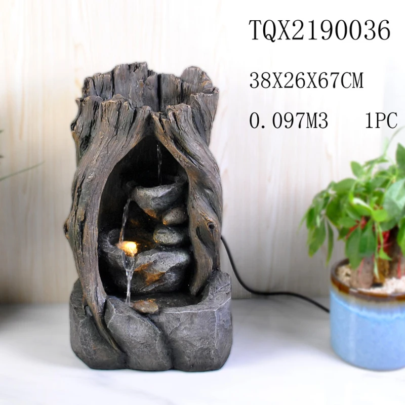 Indoor tabletop tree trunk polyresin water fountain with rope
