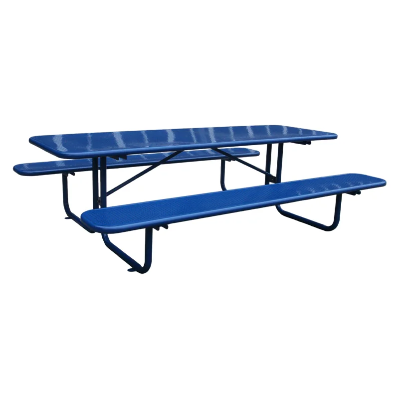outdoor public commercial perforated steel 6ft 8ft picnic table with bench outside restaurant garden patio metal dining table