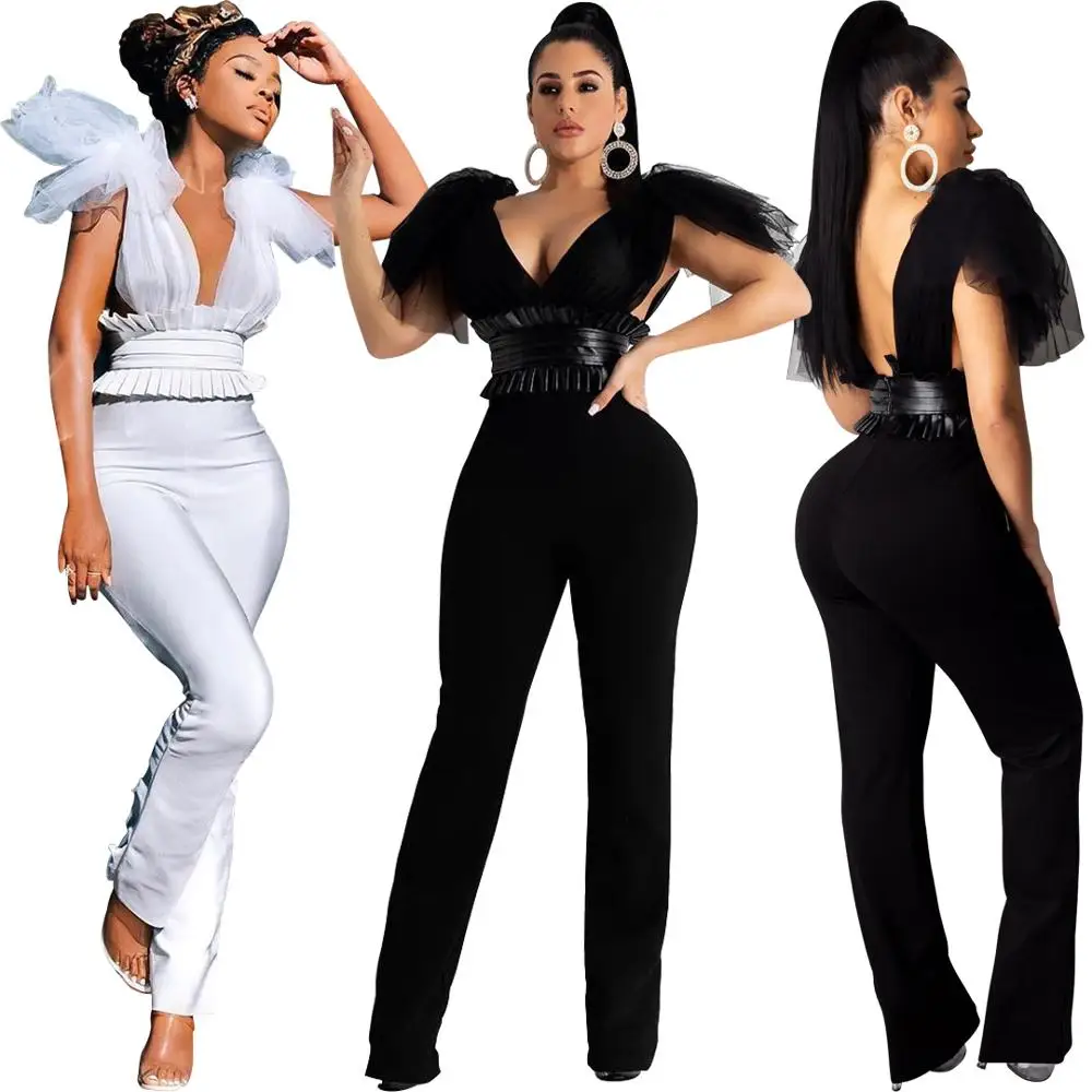 
S-2XL Fashion Net Yarn Sleeve Backless Jumpsuit for Women Deep V Club Nighty Evening Christmas Leather Belted Sexy RomperRS00108 