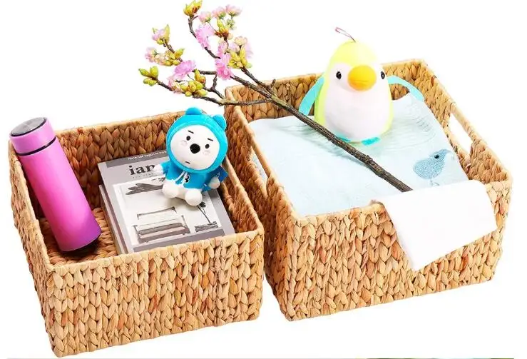 Woven Natural Water Hyacinth Basket Square Foldable Storage Baskets for Home Decoration Organizer