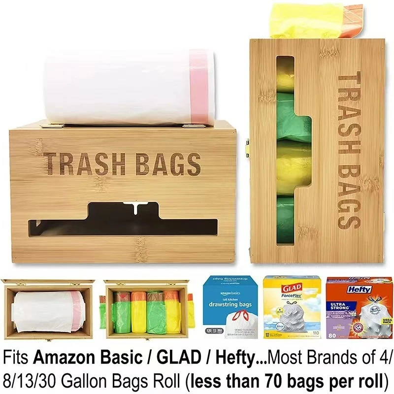 Large Trash Bag Dispenser Bamboo Garbage Bag Holder Kitchen Laundry Trash Can Organizer Wall Mounted or on Countertop