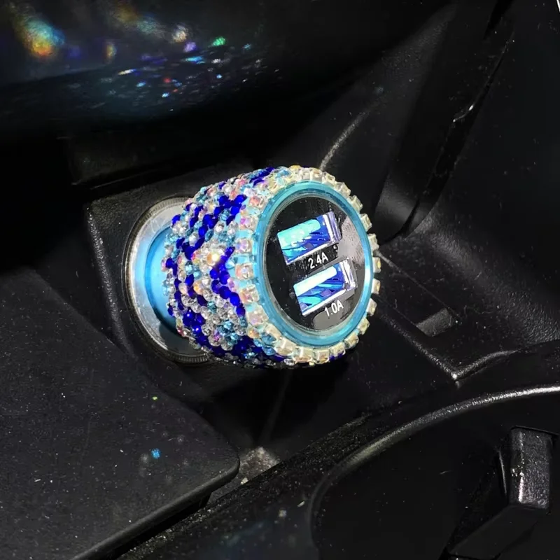 Dual USB Car Charger Bling Bling Handmade Rhinestones Crystal Car Decorations Fast Charging Car Decors for iPhone for Samsung
