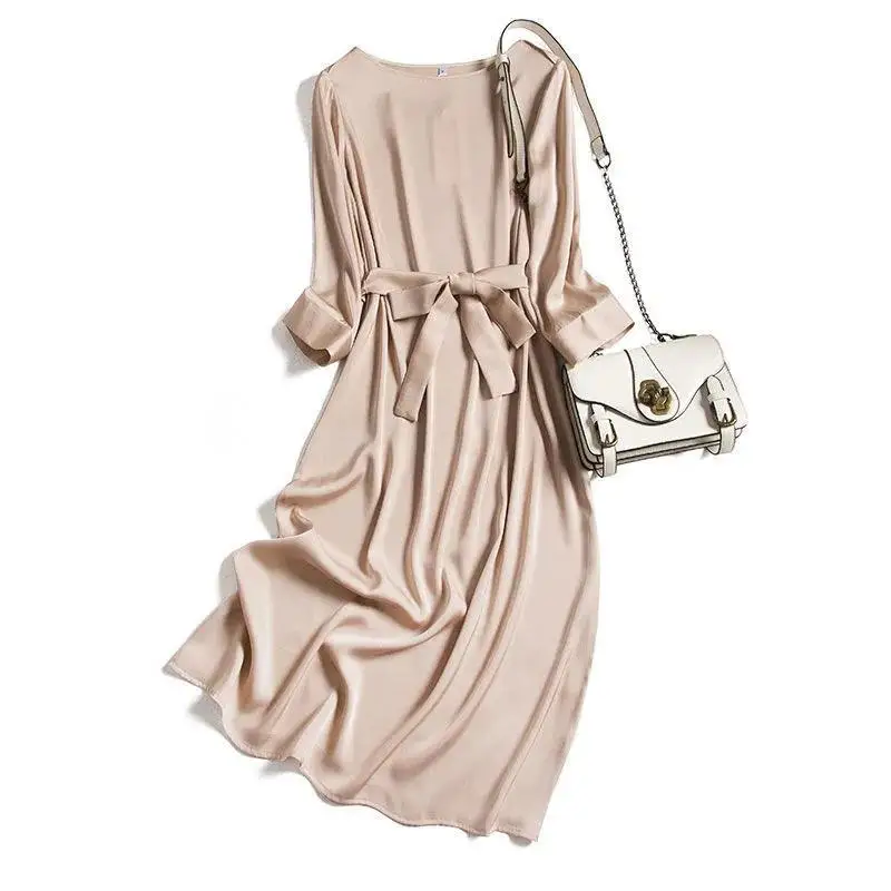 [Hangzhou high-end quality] 2021 spring and summer new simple acetic acid satin dress female mid-length gentle style