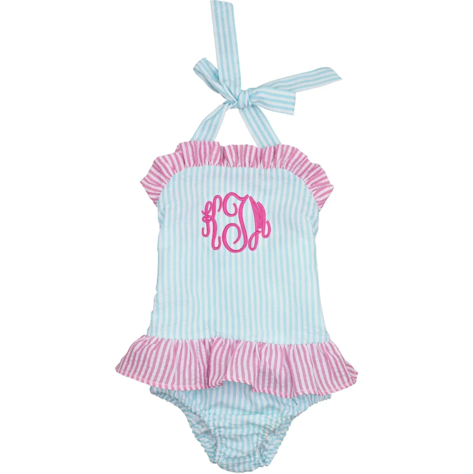 Kids Aqua And Pink Seersucker Two Piece Swimsuit Custom Logo Wholesale Designer Bikini Sets For Girls