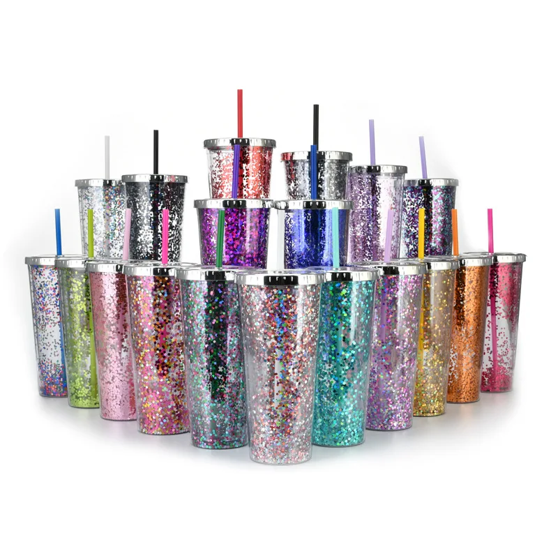 2022 new 24oz straw cup glitter water cup cold drink cup 20oz skinny tumbler clear double wall plastic with plating cover