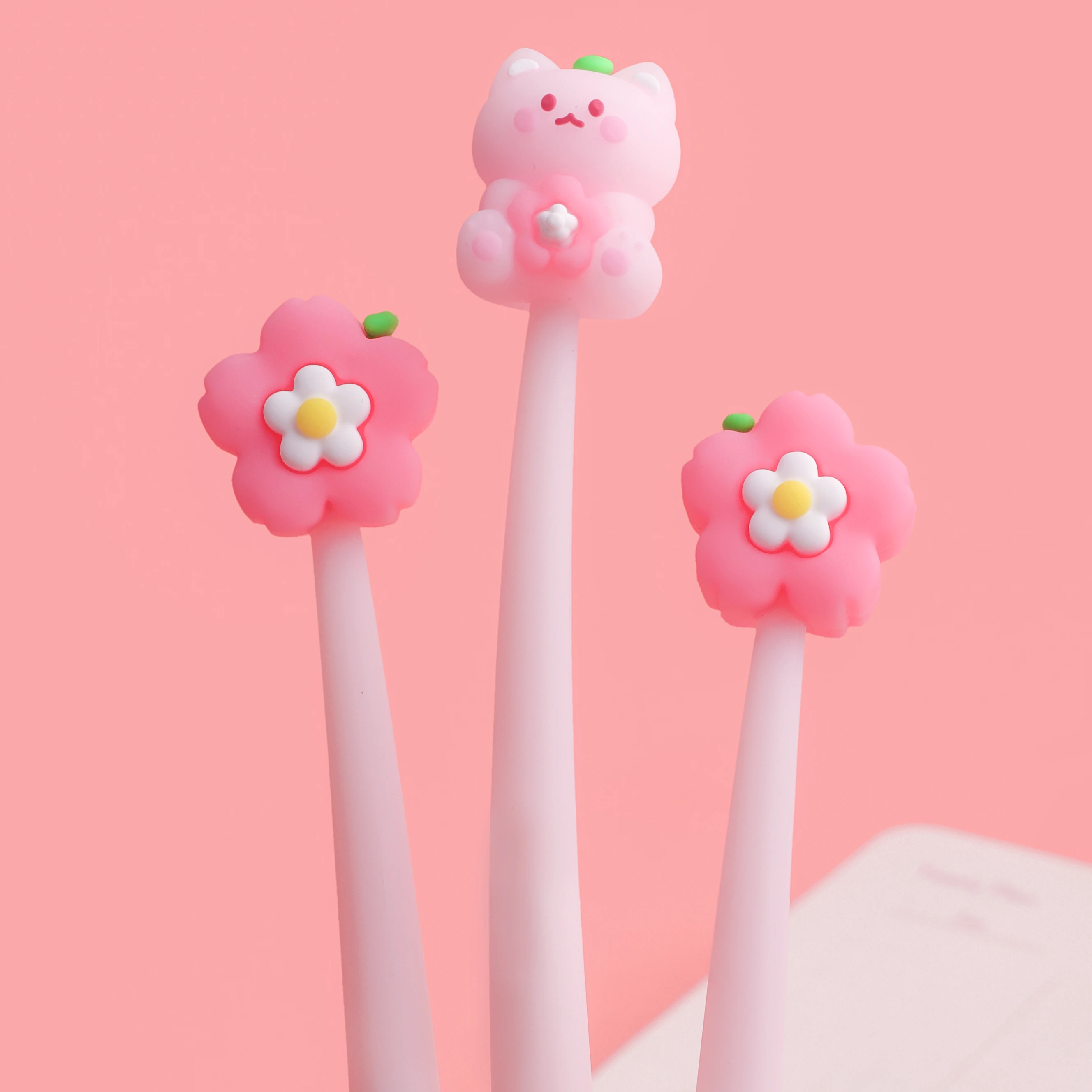 Cheap Creative School Cute Sakura Meow Design Kawaii Gel Pen, Hot-Selling Funny Cartoon Animal Character Silicone Gel Pens